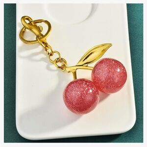 Cherries glitter pink red color bag charm, gold hardward and clip